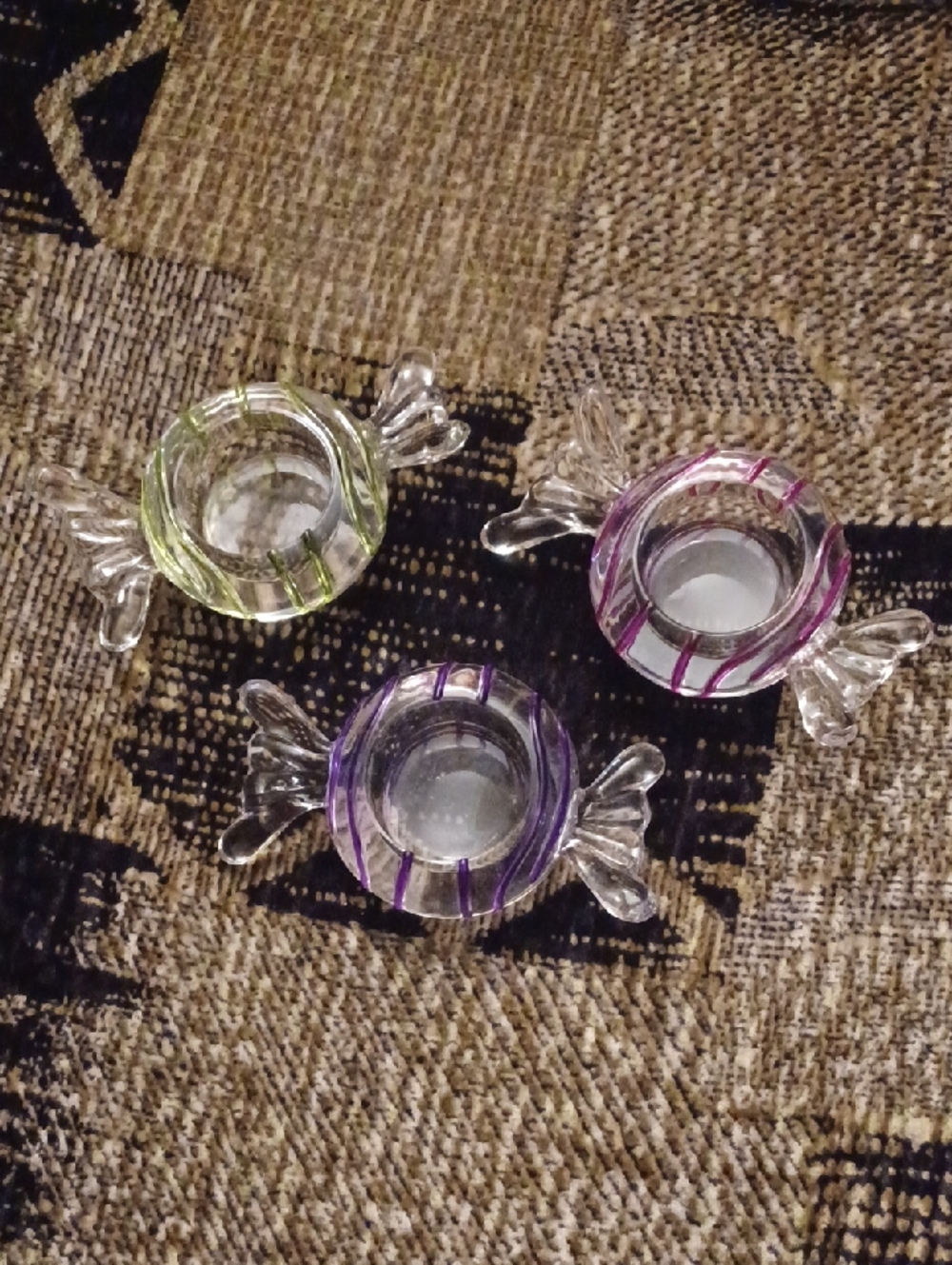 4/$80 PartyLite "Jollyville" Glass Candy-Shaped Tealight Holders - Set Of 3
